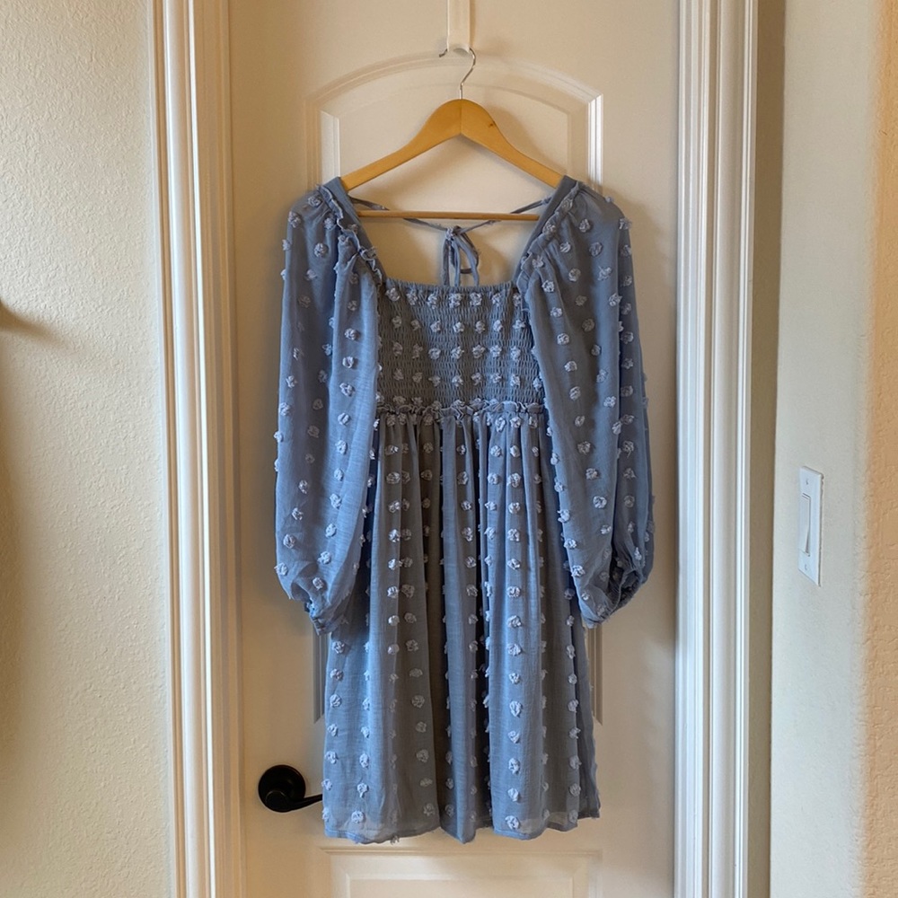 Pink Blush Maternity- Light Blue Dot Smocked Square Neck Chiffon Maternity Dress